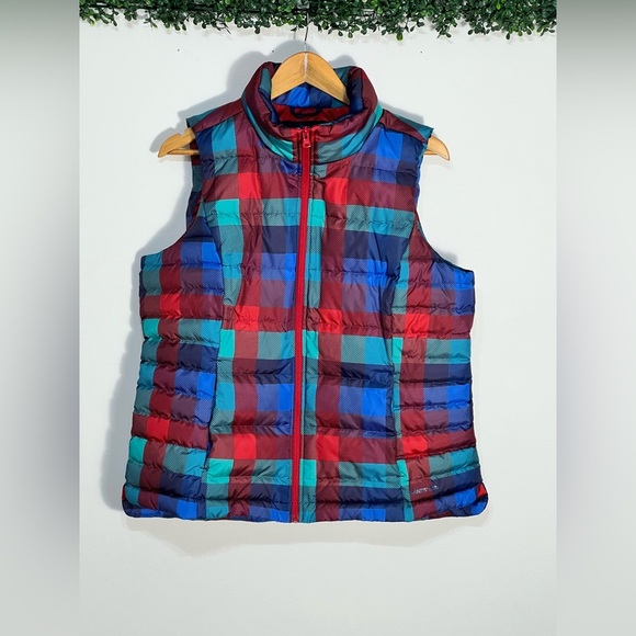 Lands' End Red Blue Turquoise Plaid Down Puffer Vest Large - Picture 1 of 10